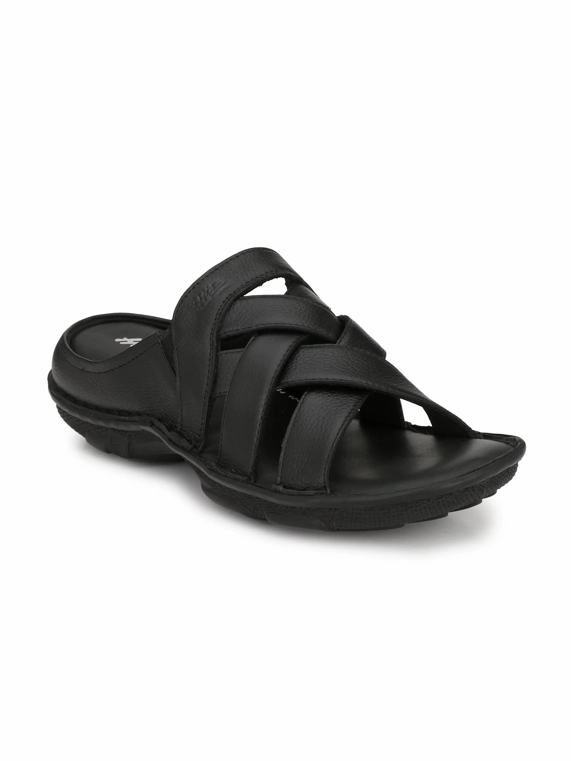 Hitz Men's Black Leather Comfort Slippers