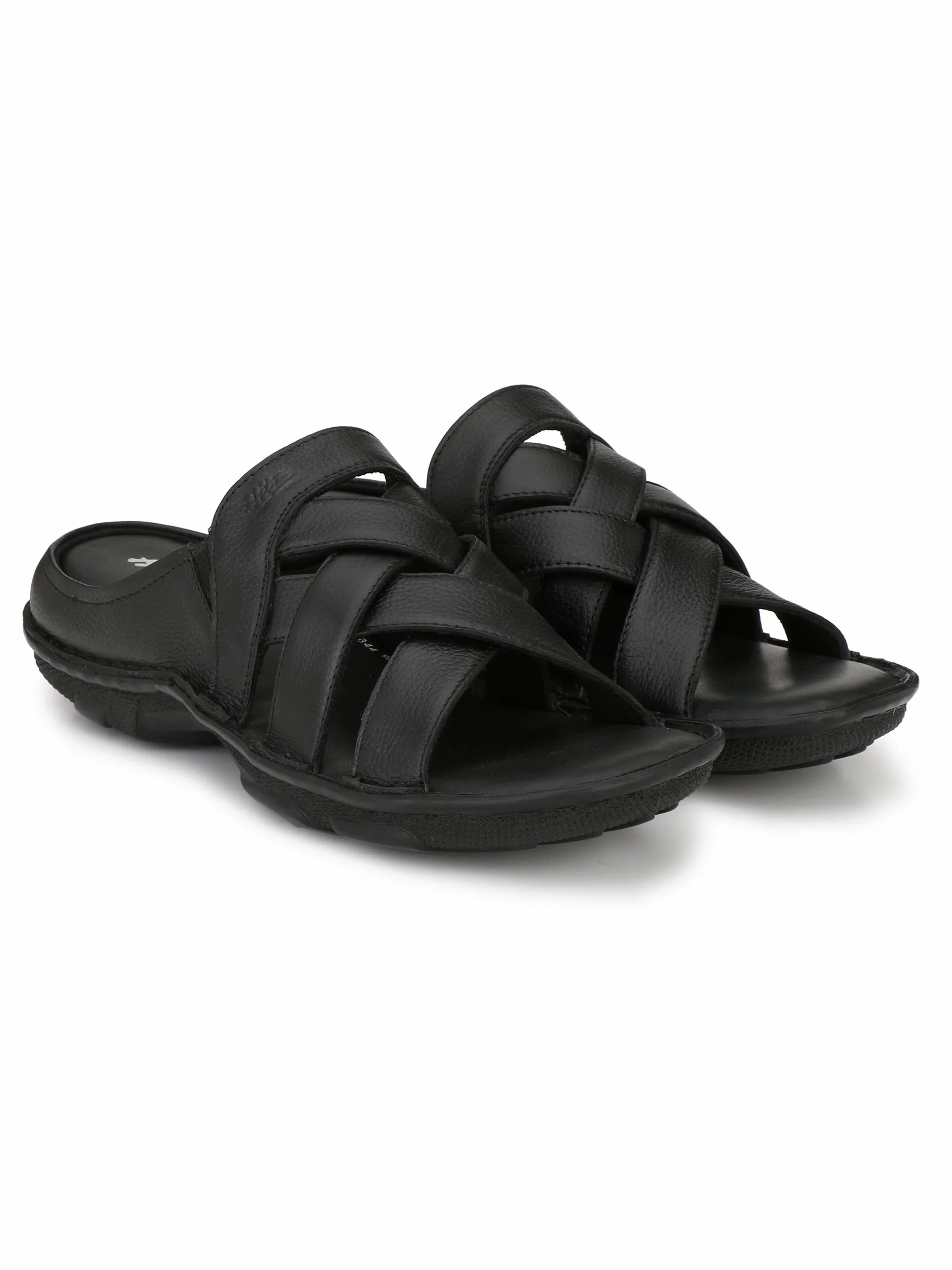 Hitz Men's Black Leather Comfort Slippers