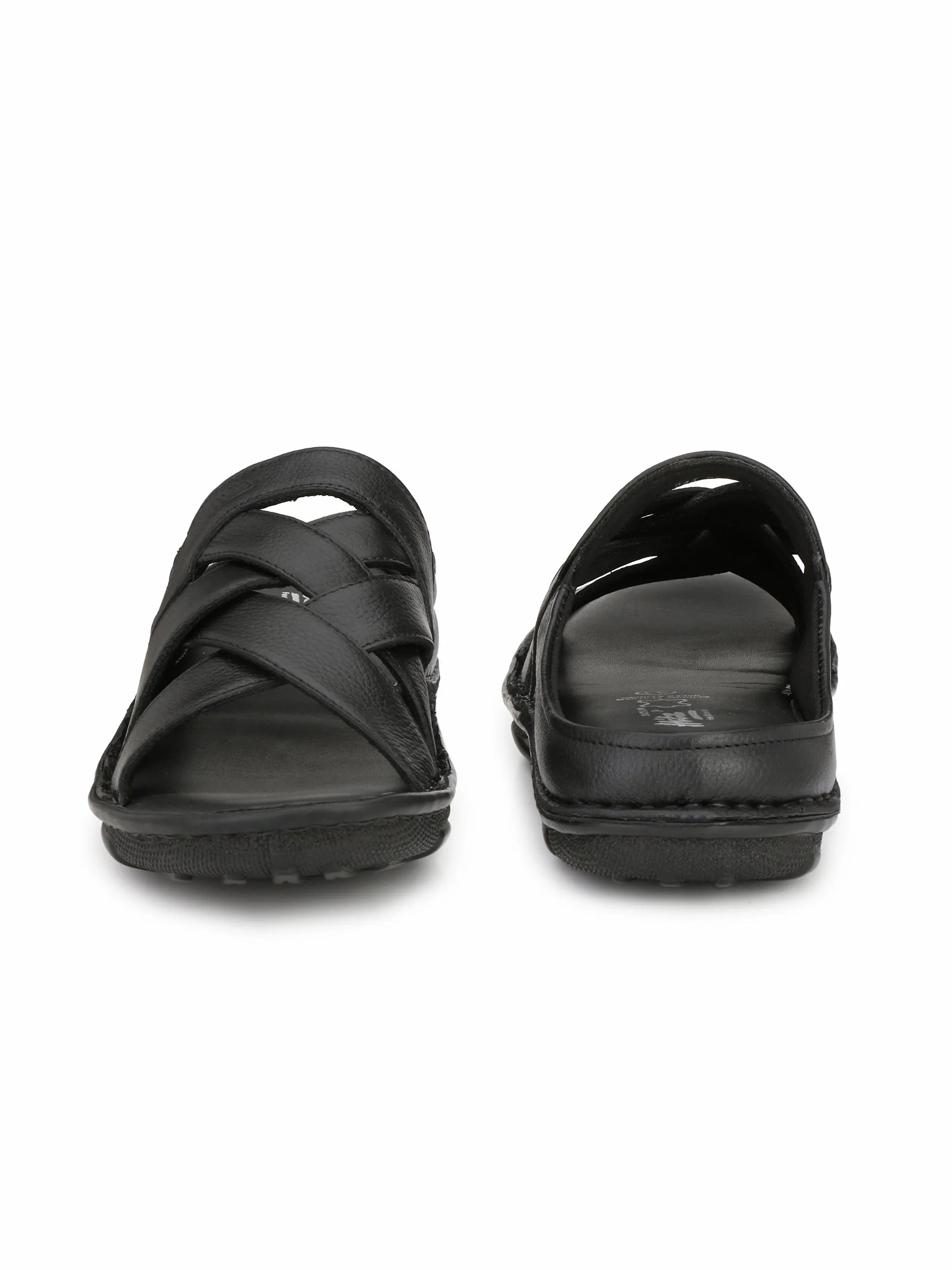 Hitz Men's Black Leather Comfort Slippers