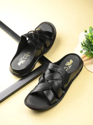 Hitz Men's Black Leather Comfort Slippers