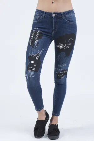 Indigo Mid Rise Slogan Studded Jeans - Kayleigh