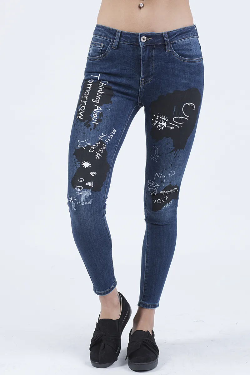 Indigo Mid Rise Slogan Studded Jeans - Kayleigh