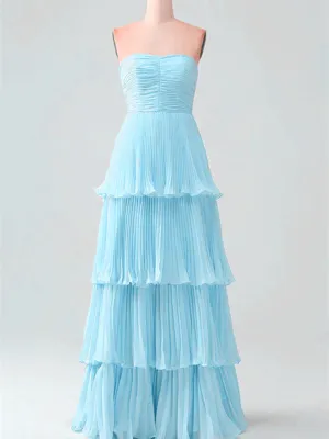 Light Blue Chiffon Strapless Layers Prom Dress, Light Blue Chiffon Long Party Dress