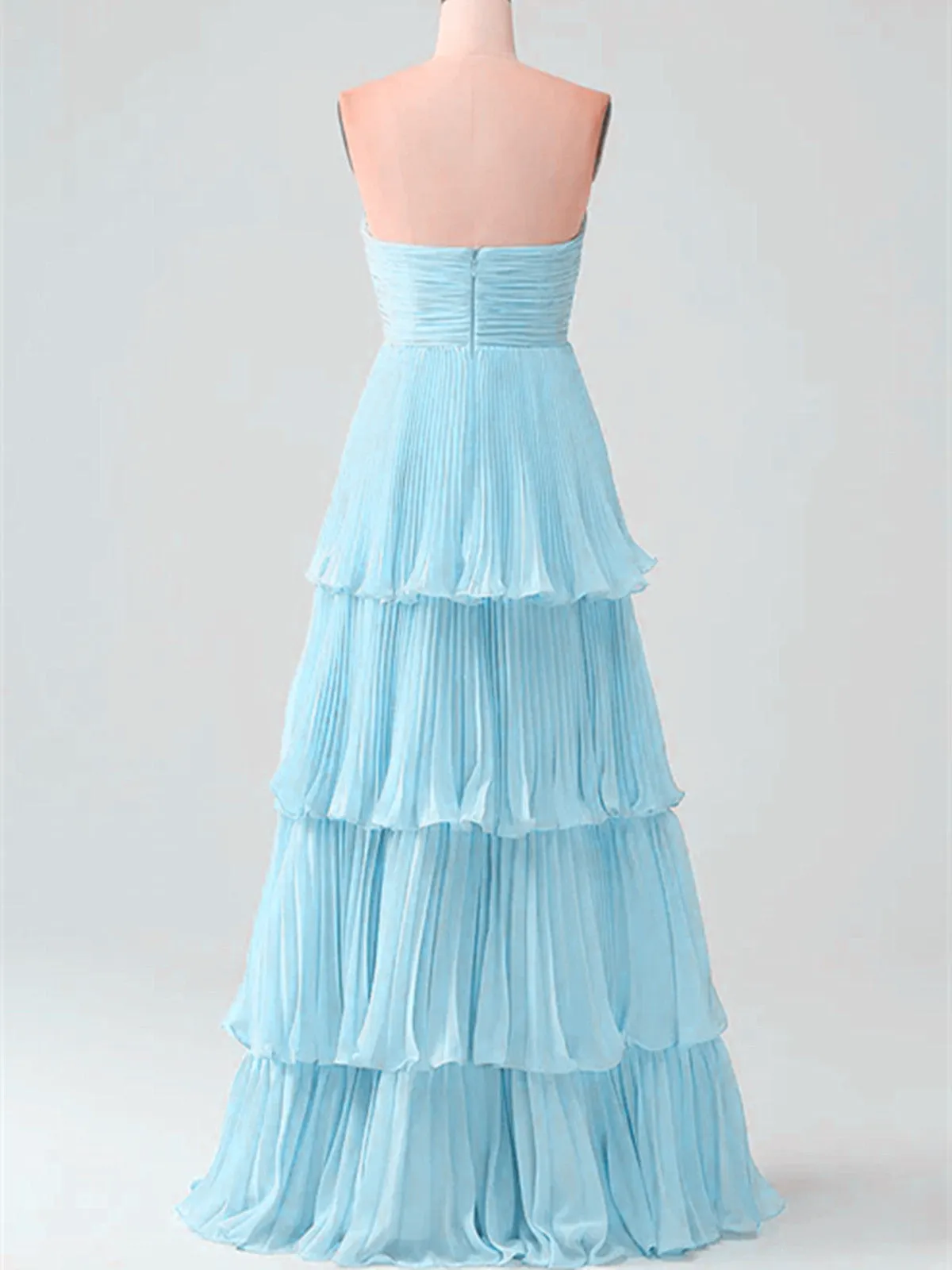 Light Blue Chiffon Strapless Layers Prom Dress, Light Blue Chiffon Long Party Dress
