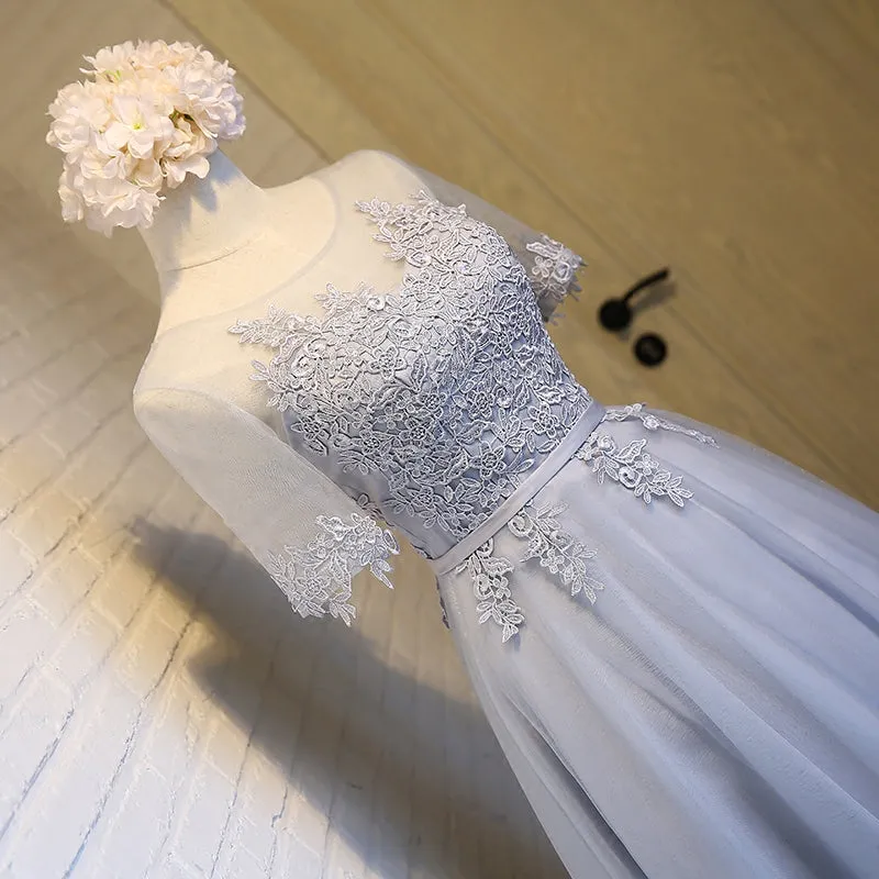 Light Grey Tea Length Homecoming Dress, Round Neckline Party Dresses