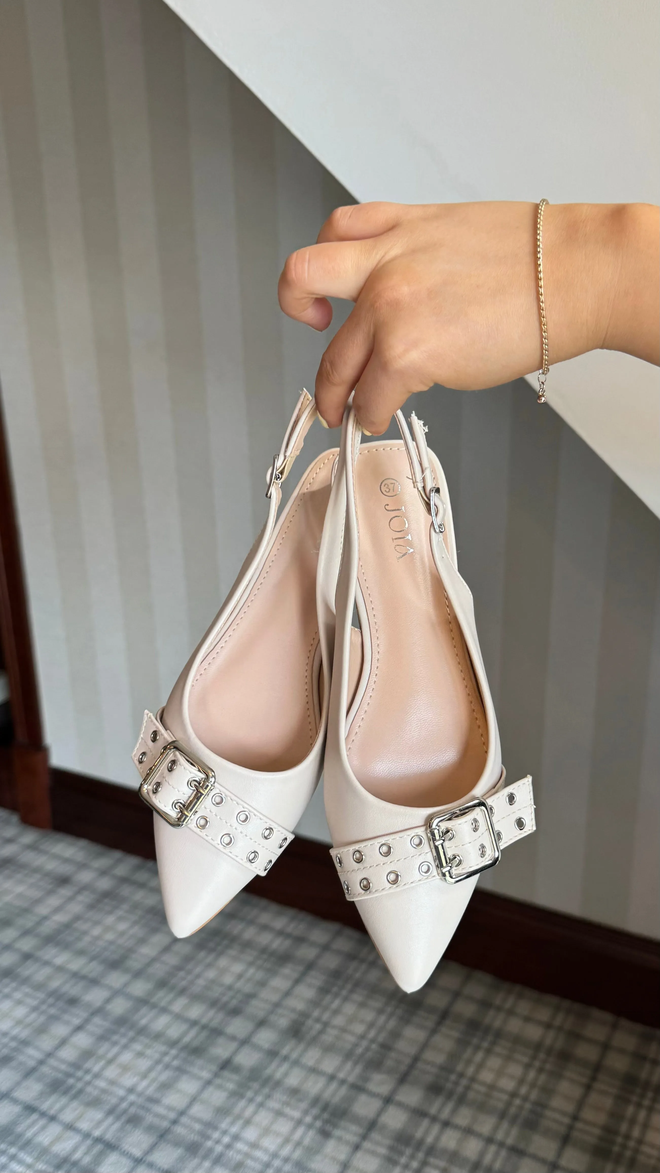 Liza Beige Buckle Detail Slingback Shoes