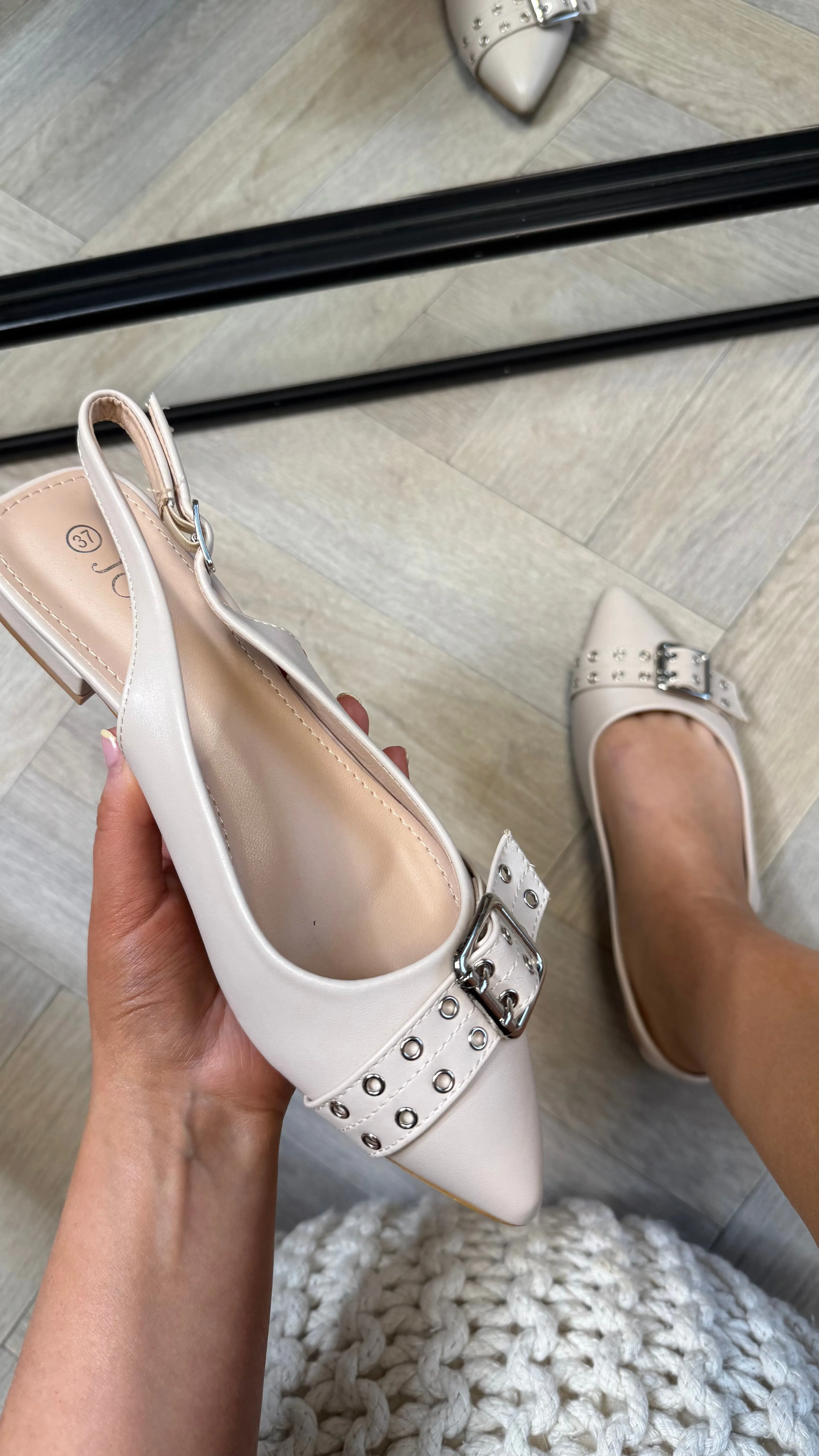 Liza Beige Buckle Detail Slingback Shoes