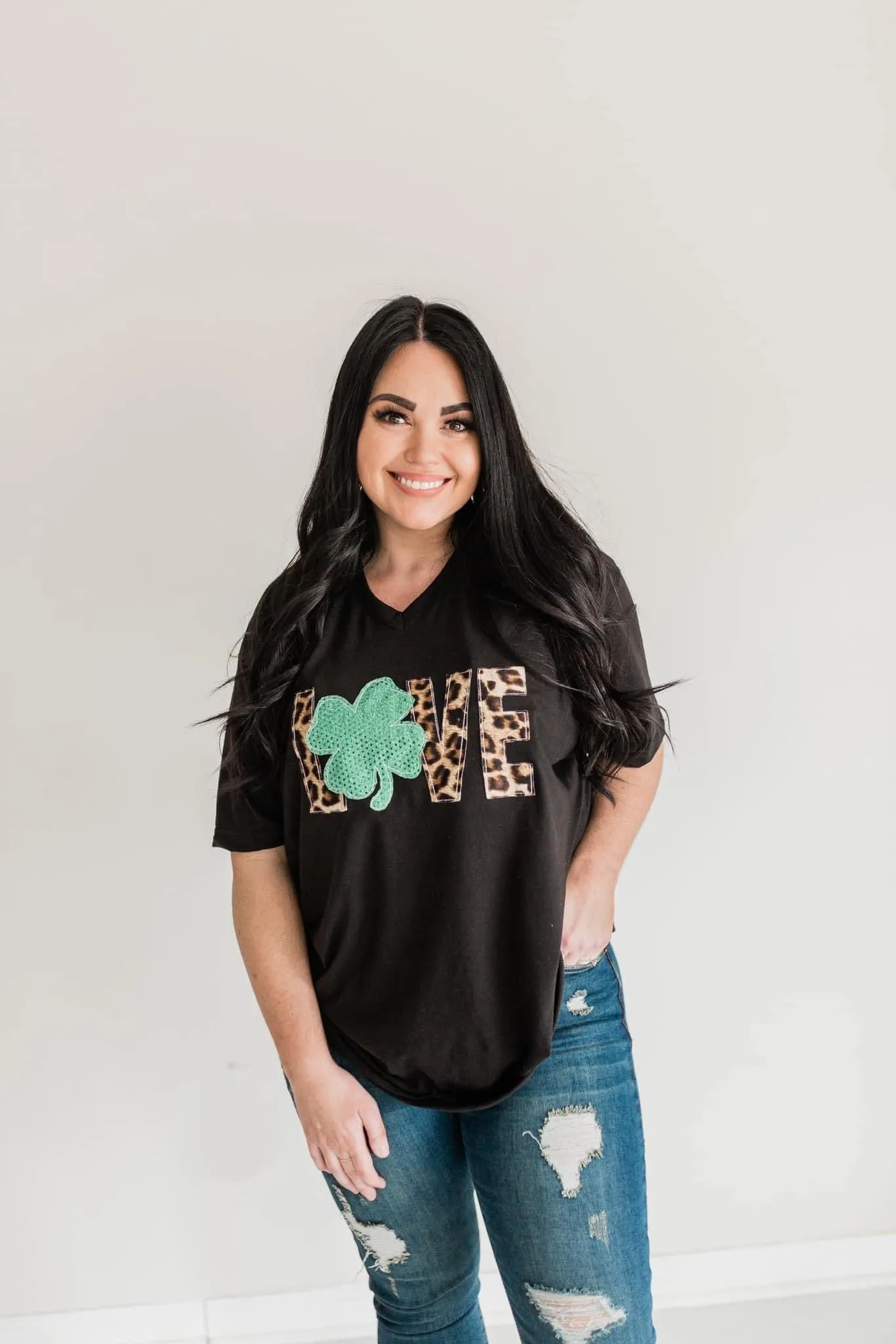 {LOVE   SHAMROCK} Leopard   Green Shamrock Appliquéd Black V-Neck Tee