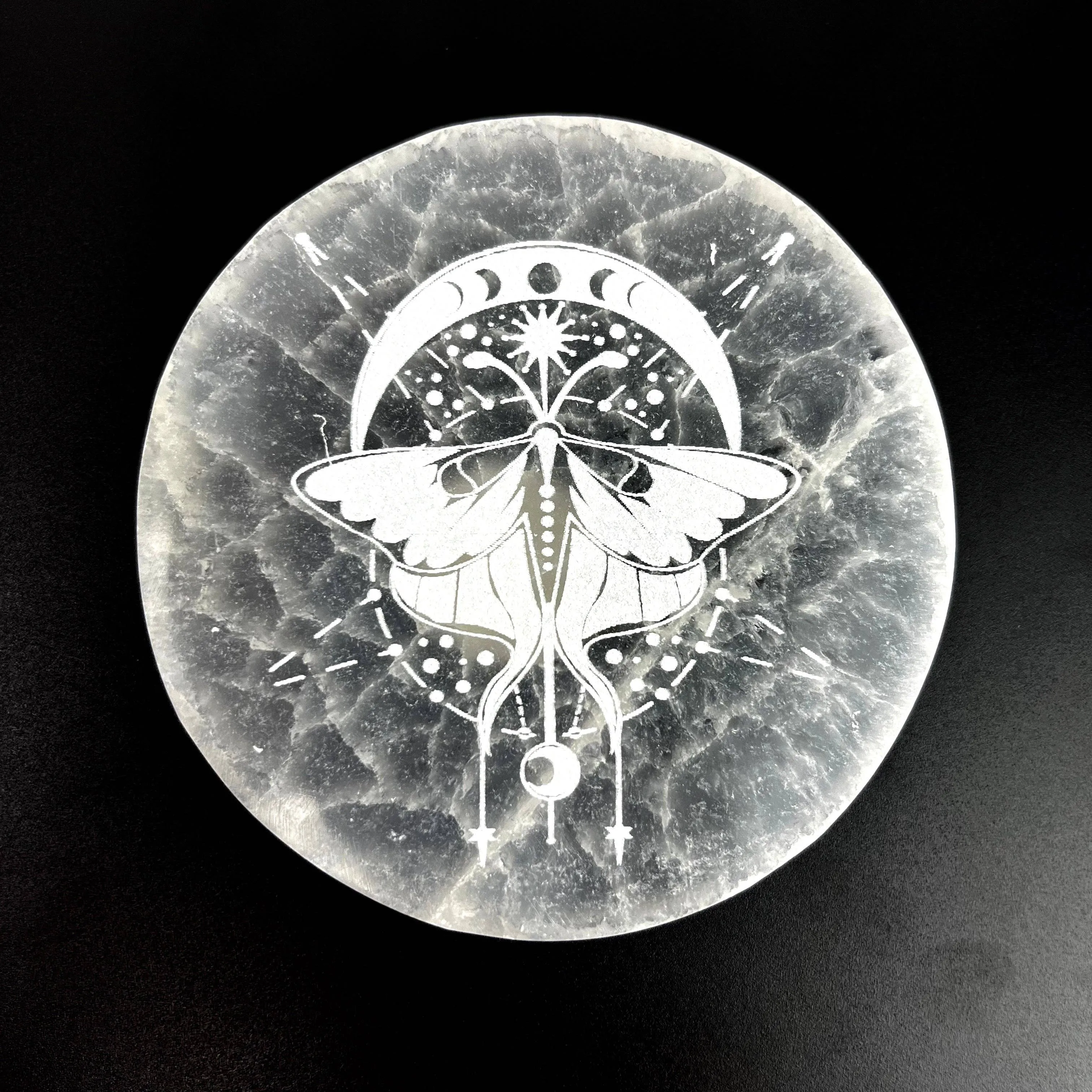 Lunar Moth Etched | Selenite Round Disc | 10 cm