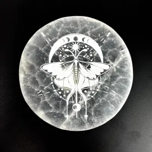 Lunar Moth Etched | Selenite Round Disc | 10 cm