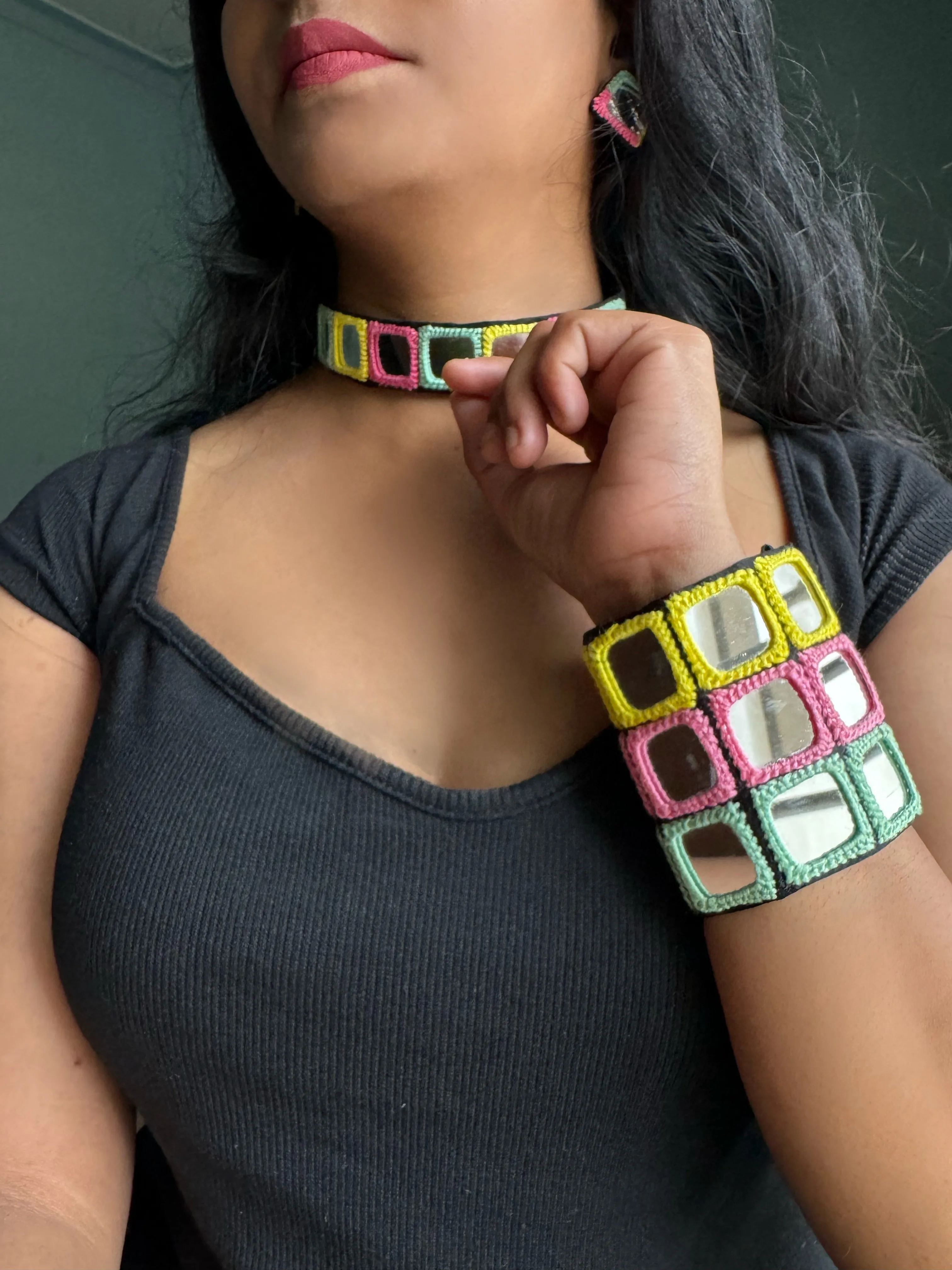 Manasvi Mirrorwork Necklace   Earrings   Bracelet | Combo set
