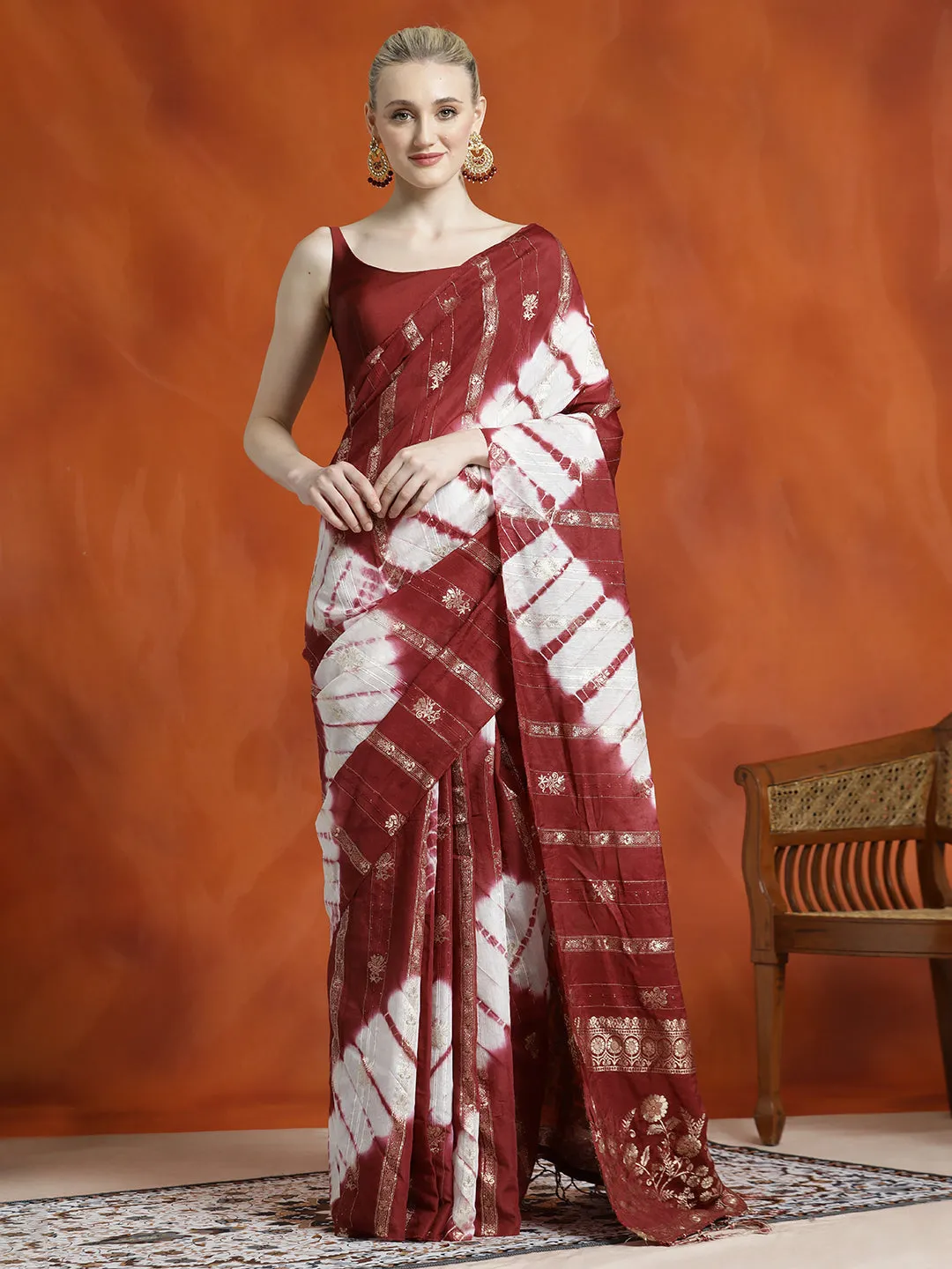 Maroon Banarasi Zari Woven Cotton Blend Saree
