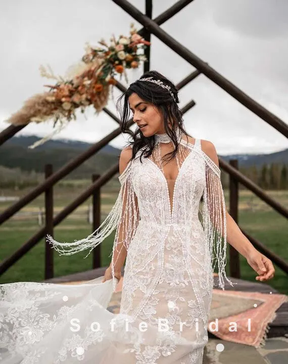 Mermaid High Neck Tassels Open Back Long Wedding Dresses With Lace,SFWD0008