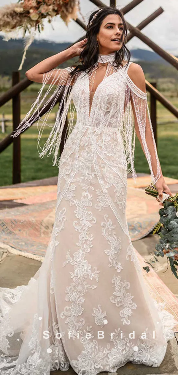 Mermaid High Neck Tassels Open Back Long Wedding Dresses With Lace,SFWD0008