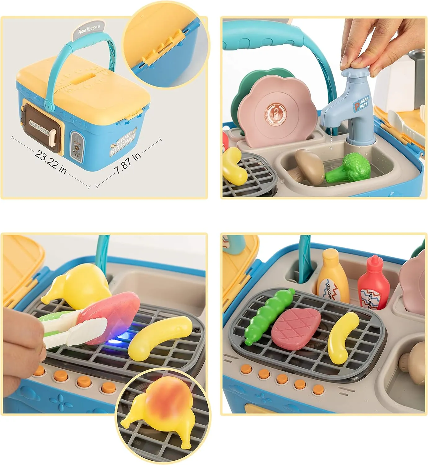 NEW JOYIN Kids Play Kitchen Set, Portable Picnic Basket Toys with Musics &amp; Lights, Includes Color Changing Pretend Play Food, Sink with running water, grill and Oven