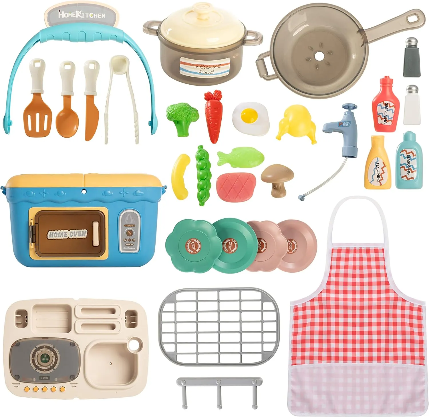 NEW JOYIN Kids Play Kitchen Set, Portable Picnic Basket Toys with Musics &amp; Lights, Includes Color Changing Pretend Play Food, Sink with running water, grill and Oven