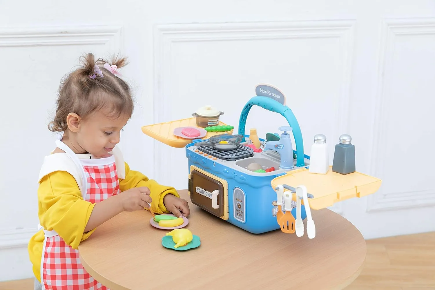 NEW JOYIN Kids Play Kitchen Set, Portable Picnic Basket Toys with Musics &amp; Lights, Includes Color Changing Pretend Play Food, Sink with running water, grill and Oven