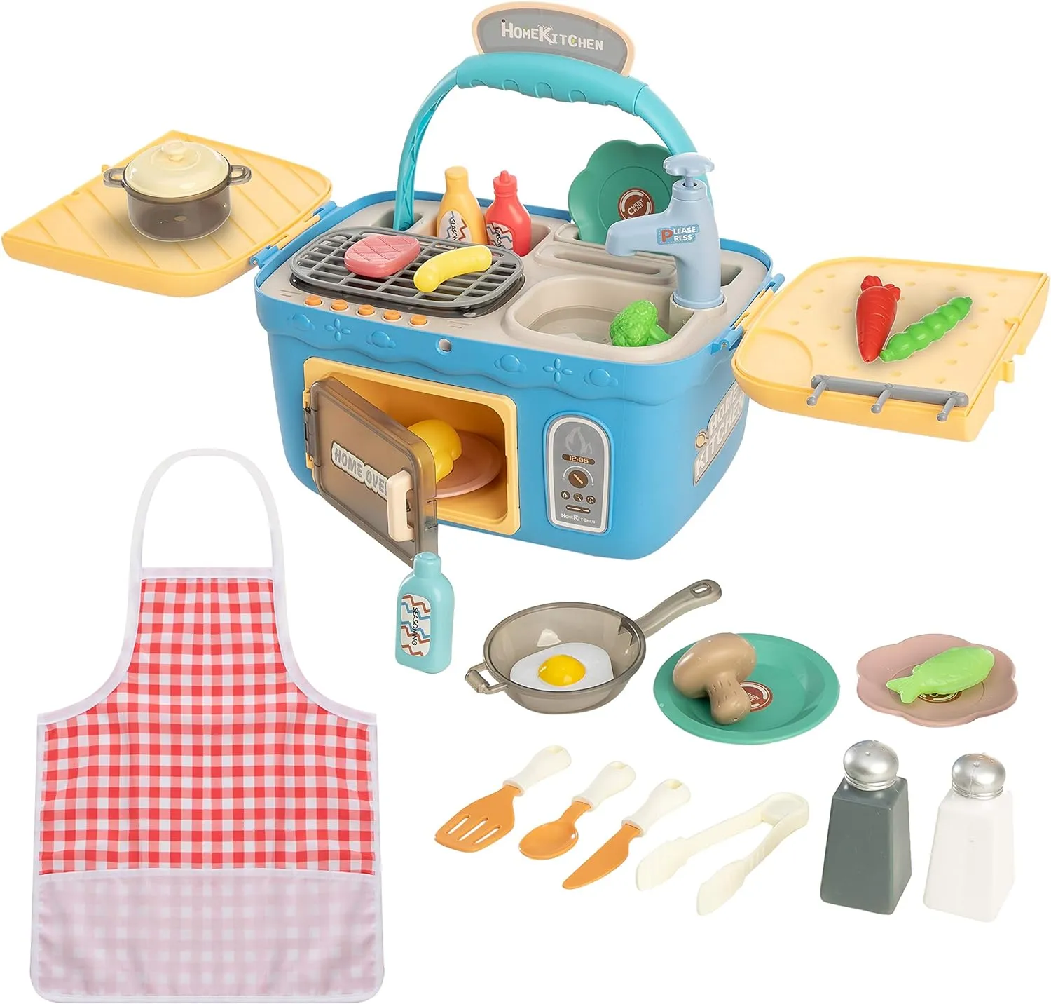 NEW JOYIN Kids Play Kitchen Set, Portable Picnic Basket Toys with Musics &amp; Lights, Includes Color Changing Pretend Play Food, Sink with running water, grill and Oven