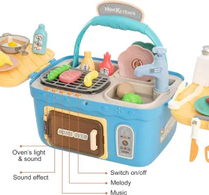NEW JOYIN Kids Play Kitchen Set, Portable Picnic Basket Toys with Musics &amp; Lights, Includes Color Changing Pretend Play Food, Sink with running water, grill and Oven