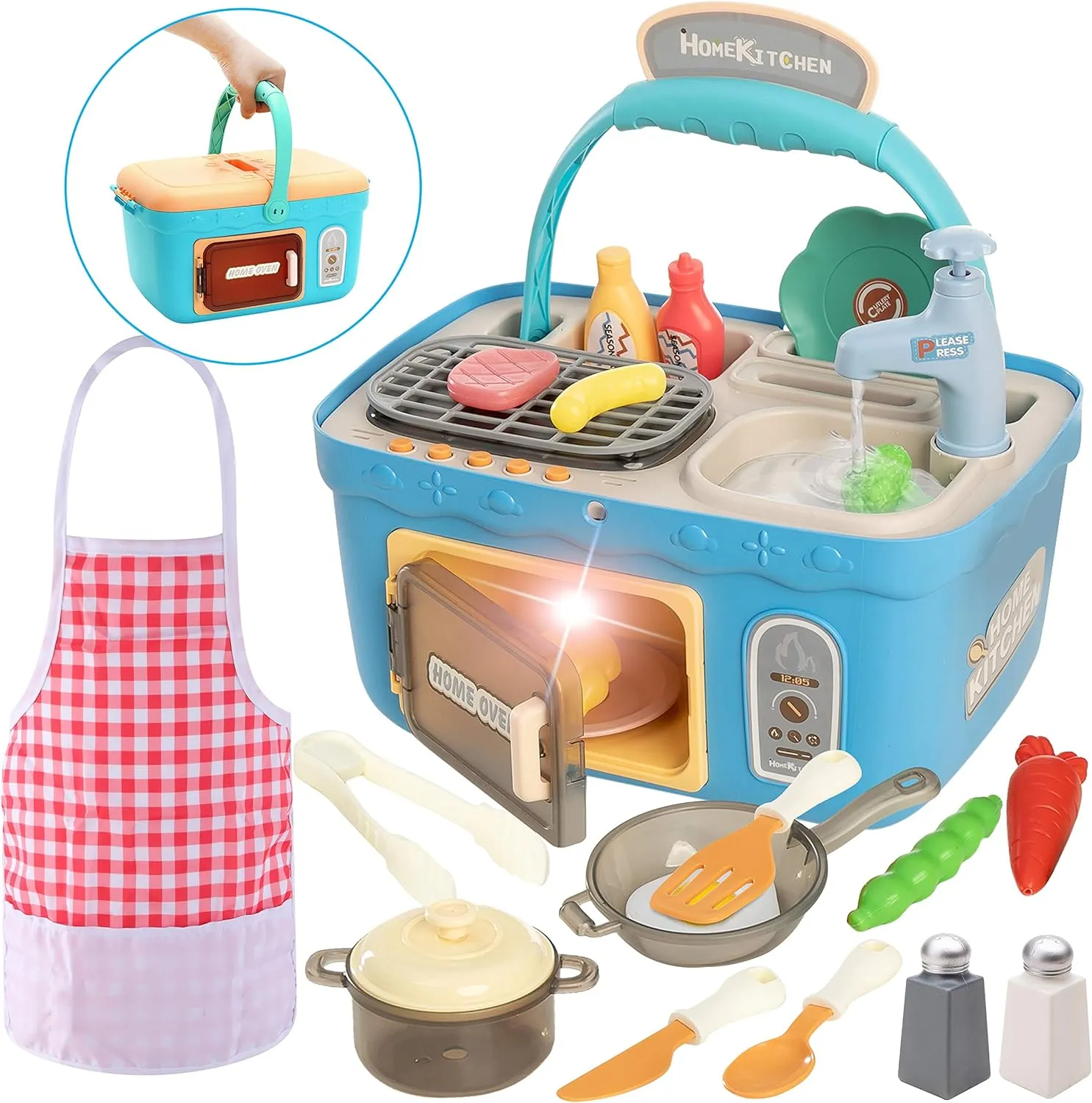 NEW JOYIN Kids Play Kitchen Set, Portable Picnic Basket Toys with Musics &amp; Lights, Includes Color Changing Pretend Play Food, Sink with running water, grill and Oven