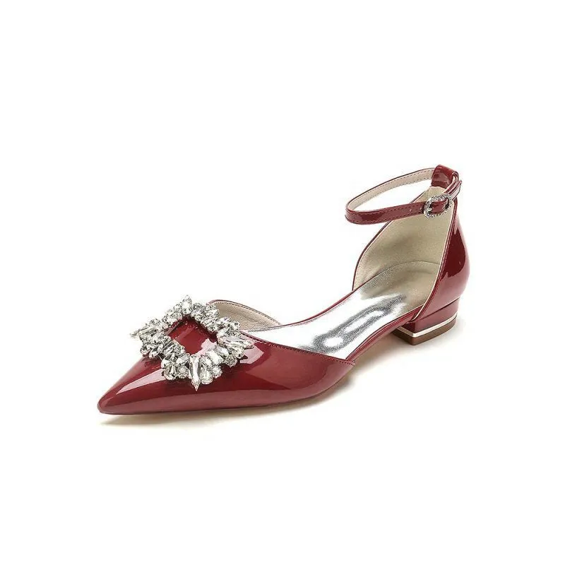 Pointed Toe Patent Leather Flats with Crystal Embellishment