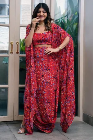 RED JAAL PRINT DRAPE SKIRT WITH ARYA BUSTIER AND CAPE