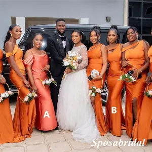 Sexy Mismatched Burnt Orange Soft Satin Mermaid Floor Length Bridesmaid Dresses, BD3324