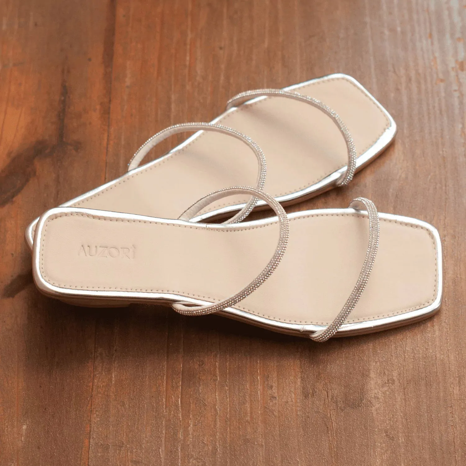 SHINY Silver Strappy Rhinestones Slides