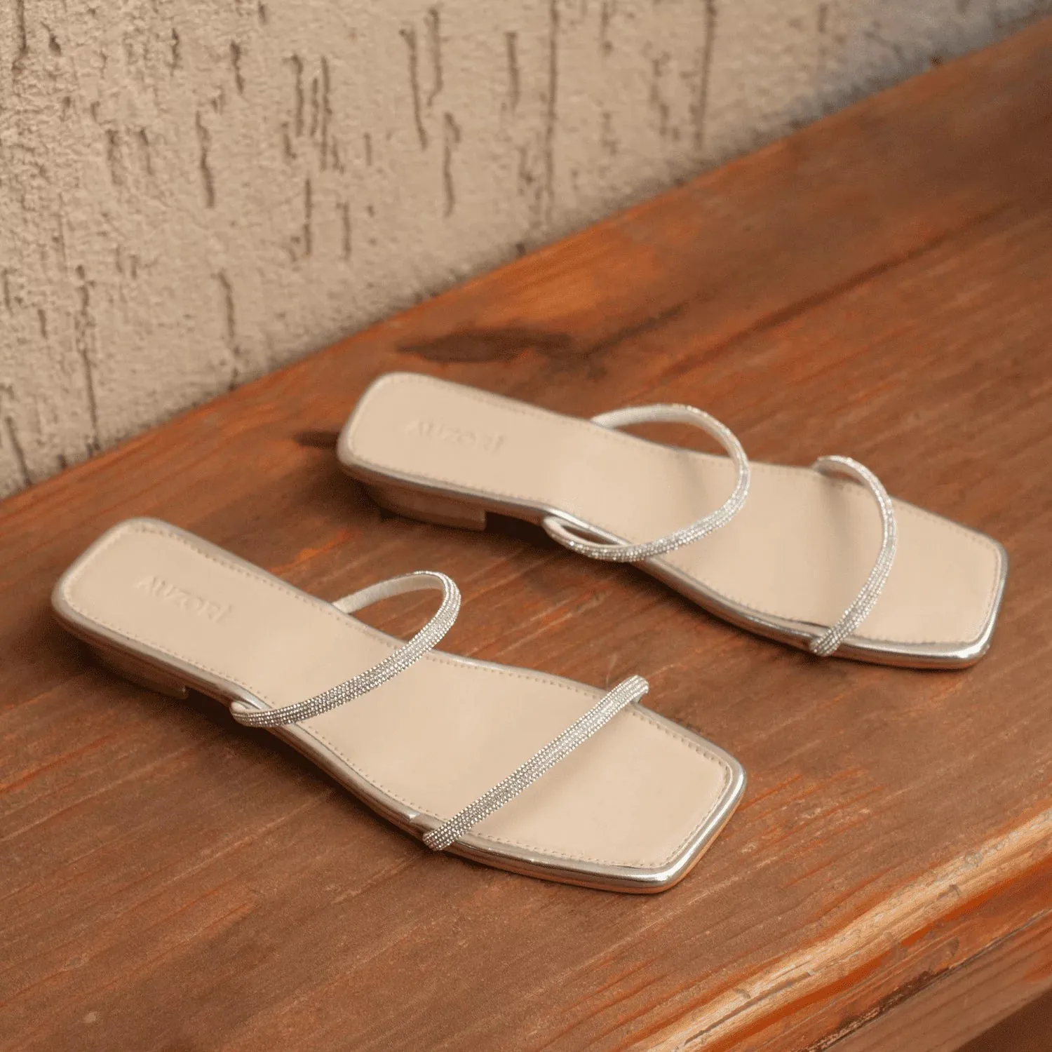 SHINY Silver Strappy Rhinestones Slides