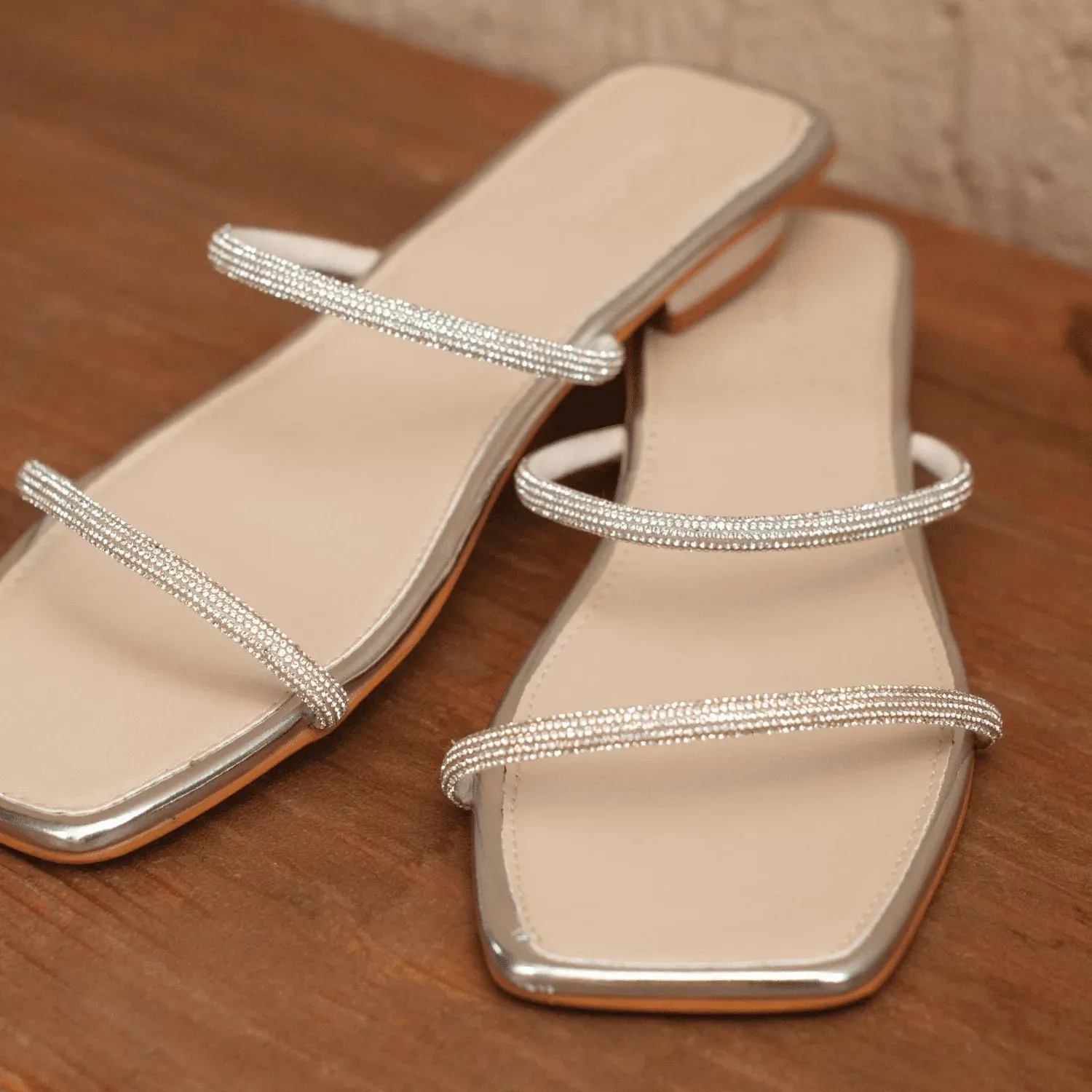 SHINY Silver Strappy Rhinestones Slides