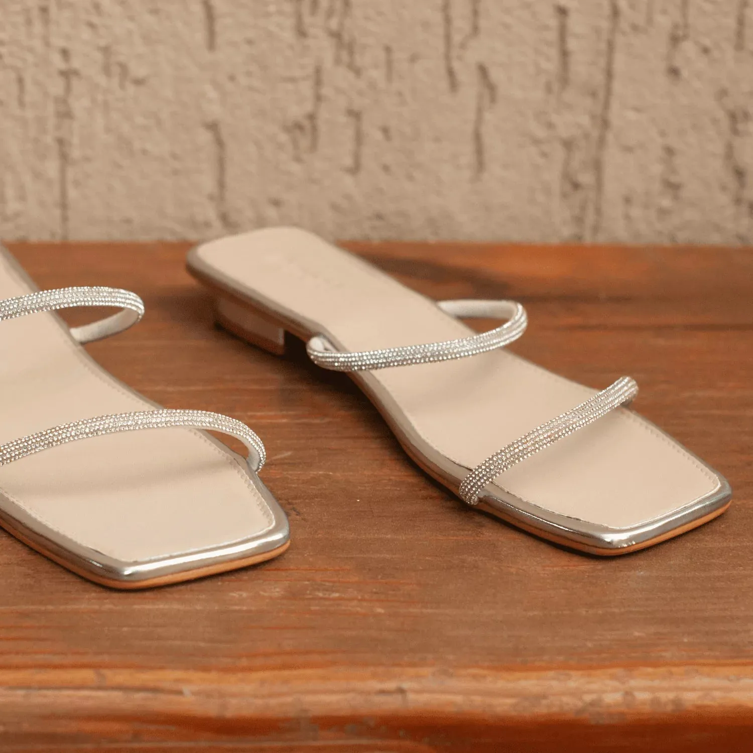 SHINY Silver Strappy Rhinestones Slides