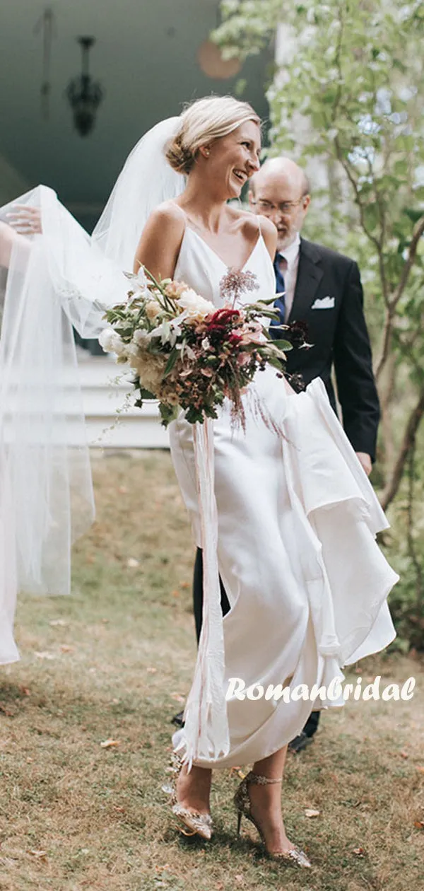 Simple V-neck Mermaid Open Back Long Sleeve Cheap Wedding Dresses,RBWD0040