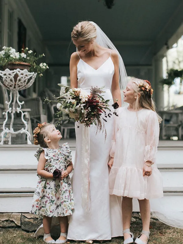 Simple V-neck Mermaid Open Back Long Sleeve Cheap Wedding Dresses,RBWD0040