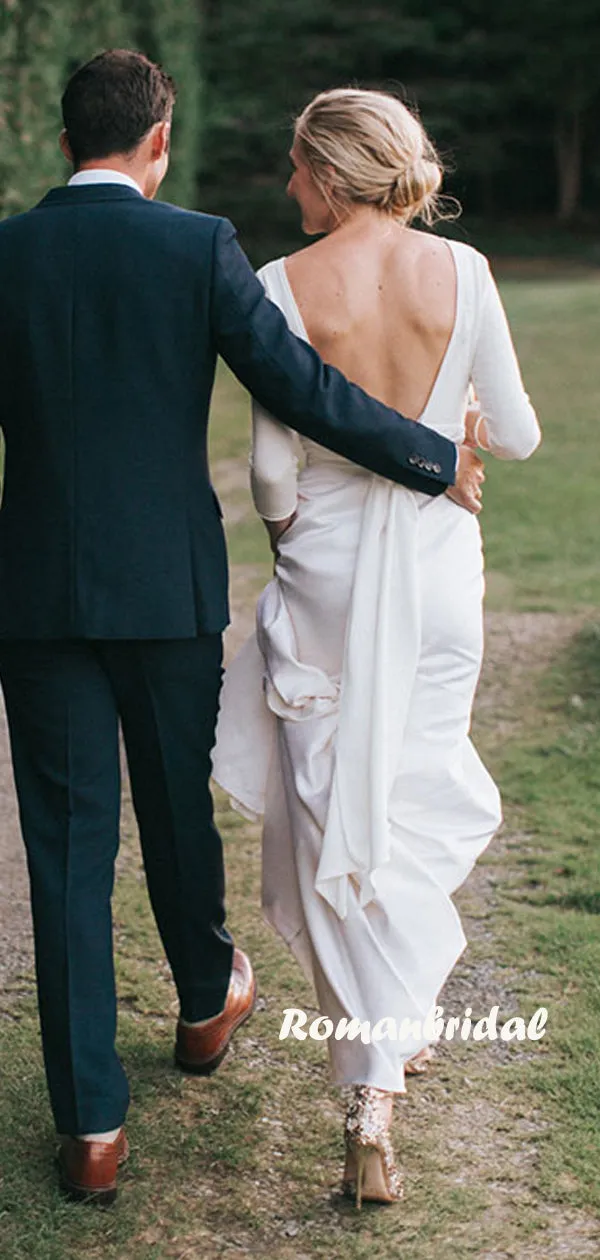 Simple V-neck Mermaid Open Back Long Sleeve Cheap Wedding Dresses,RBWD0040