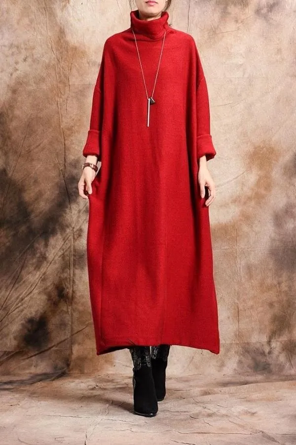 Solid Color High Collar Maxi Dress(Fit 99lbs- 187lbs)