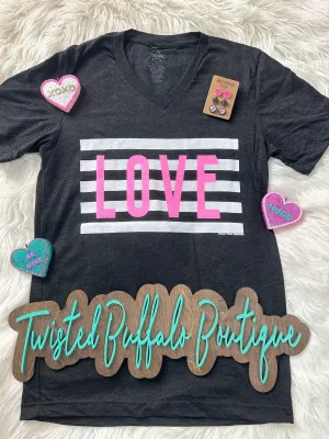 {SPARKLE IN YOUR EYES} Hot Pink Glitter LOVE Char-Black V-Neck Tee