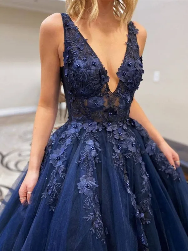 Stylish V Neck Beaded Navy Blue Lace Prom, Navy Blue Lace Formal, Navy Blue Evening