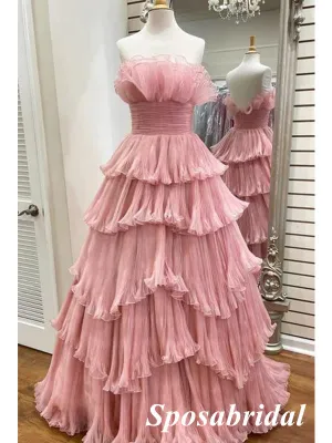 Sweet Blushing-Pink Tulle Sweetheart A-Line Long Prom Dresses, PD3822
