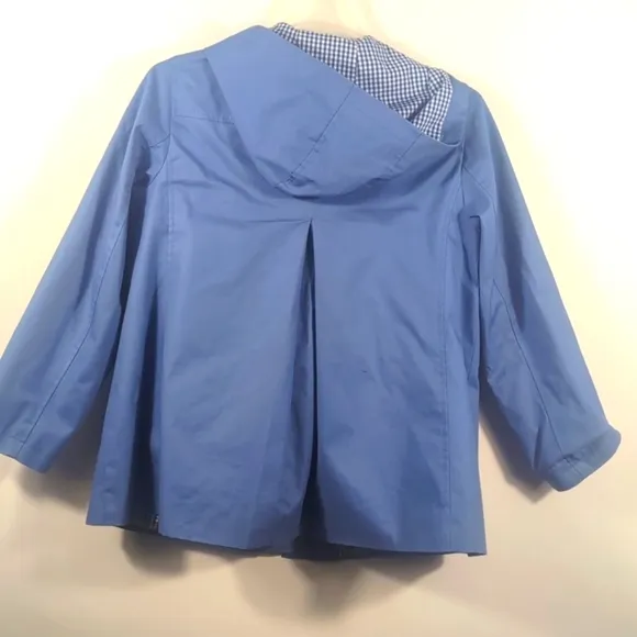 TALBOTS Womens BLUE Darling Gingham Hooded Rain Jacket Size LARGE