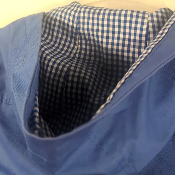TALBOTS Womens BLUE Darling Gingham Hooded Rain Jacket Size LARGE