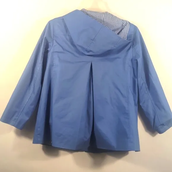 TALBOTS Womens BLUE Darling Gingham Hooded Rain Jacket Size LARGE