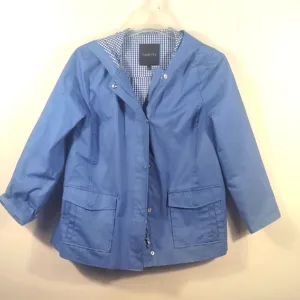 TALBOTS Womens BLUE Darling Gingham Hooded Rain Jacket Size LARGE