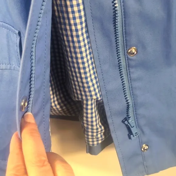 TALBOTS Womens BLUE Darling Gingham Hooded Rain Jacket Size LARGE