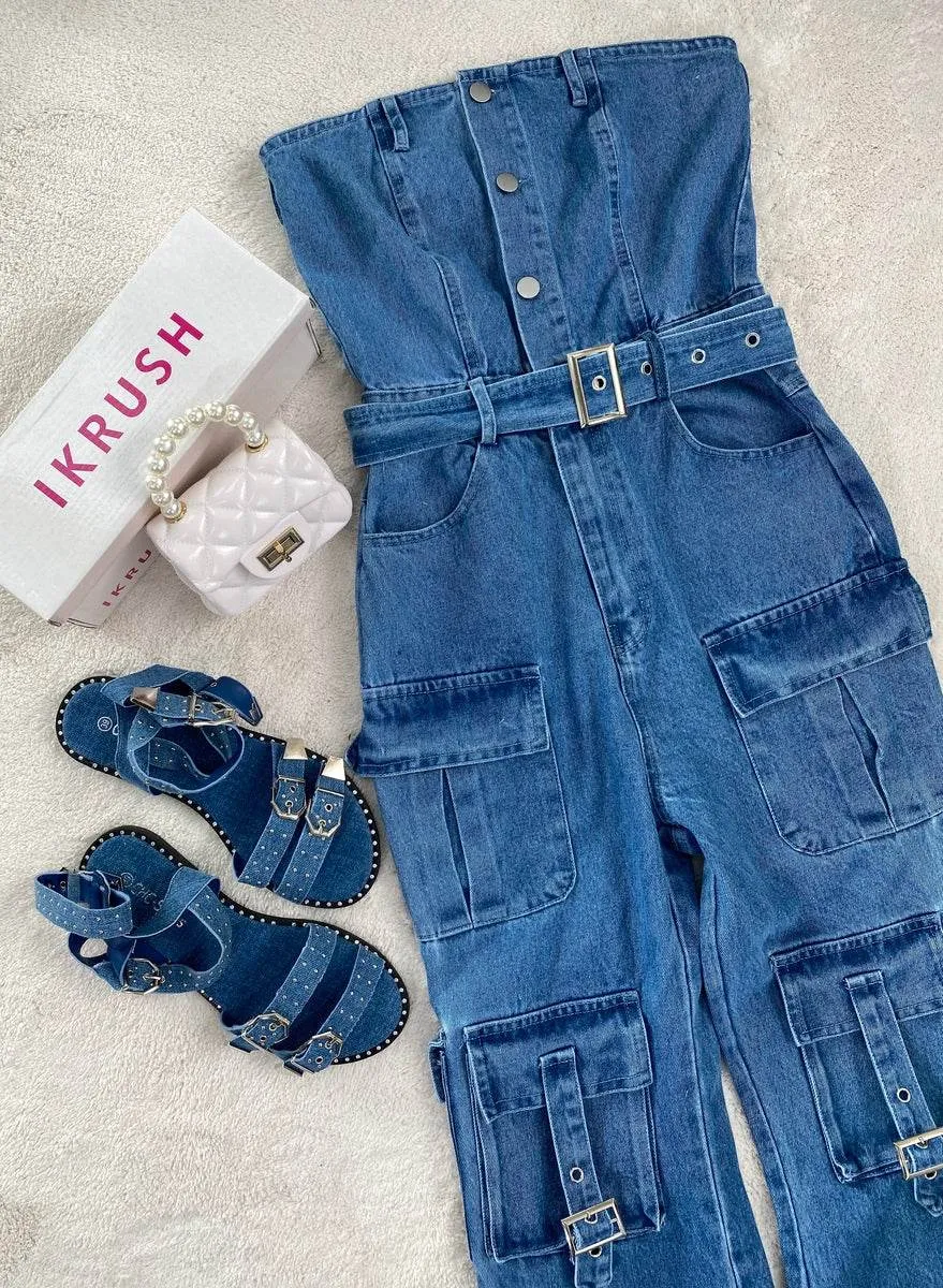 Womens Multi Pockets Strapless Cargo Jumpsuit
