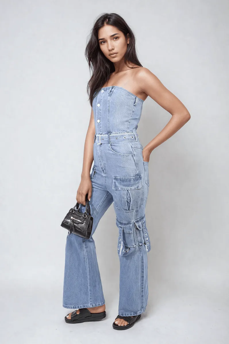 Womens Multi Pockets Strapless Cargo Jumpsuit