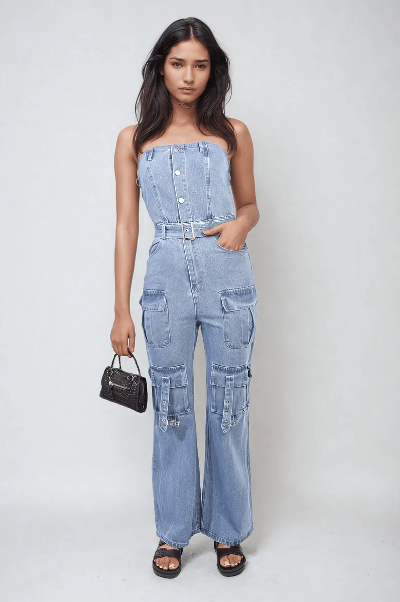 Womens Multi Pockets Strapless Cargo Jumpsuit