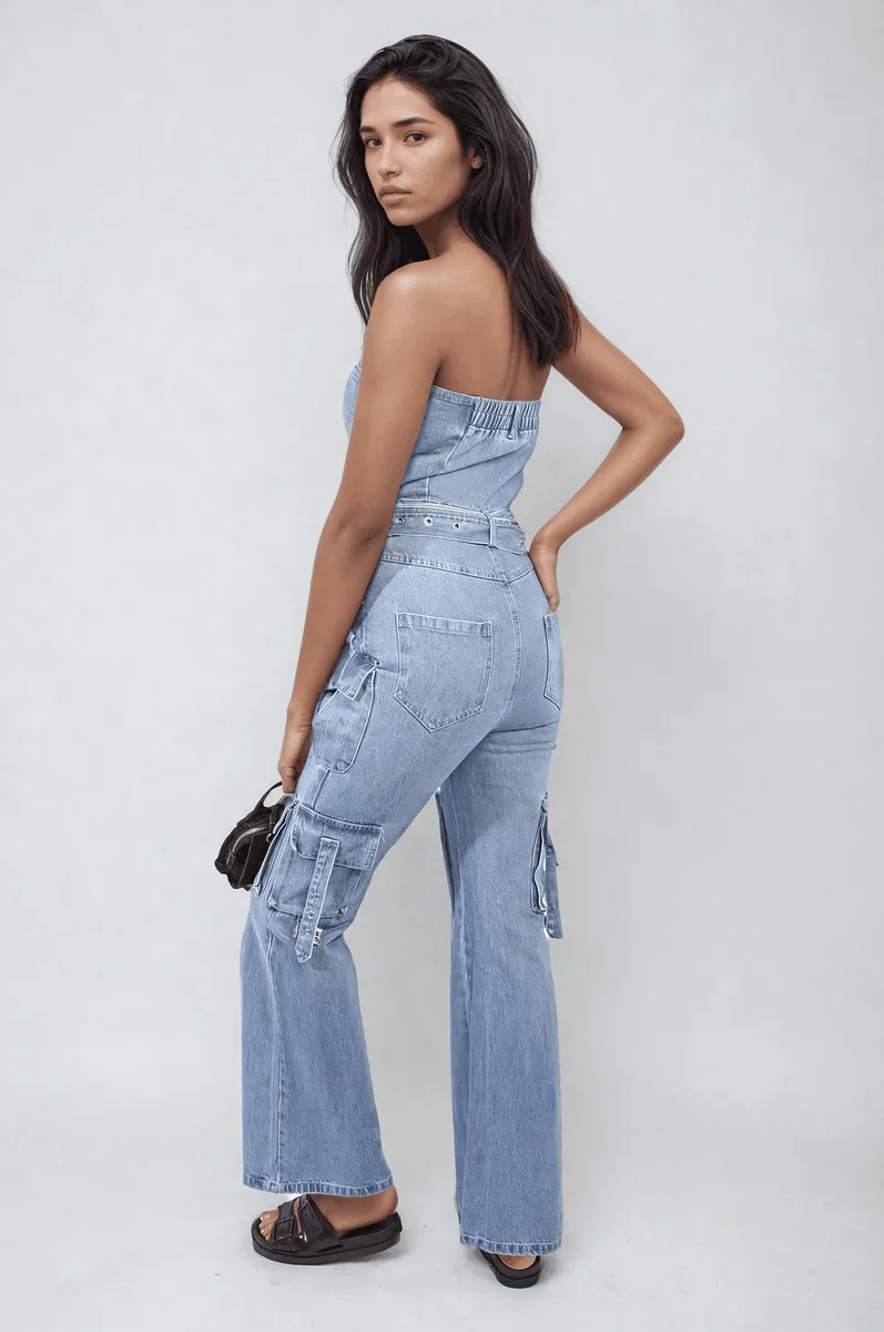 Womens Multi Pockets Strapless Cargo Jumpsuit