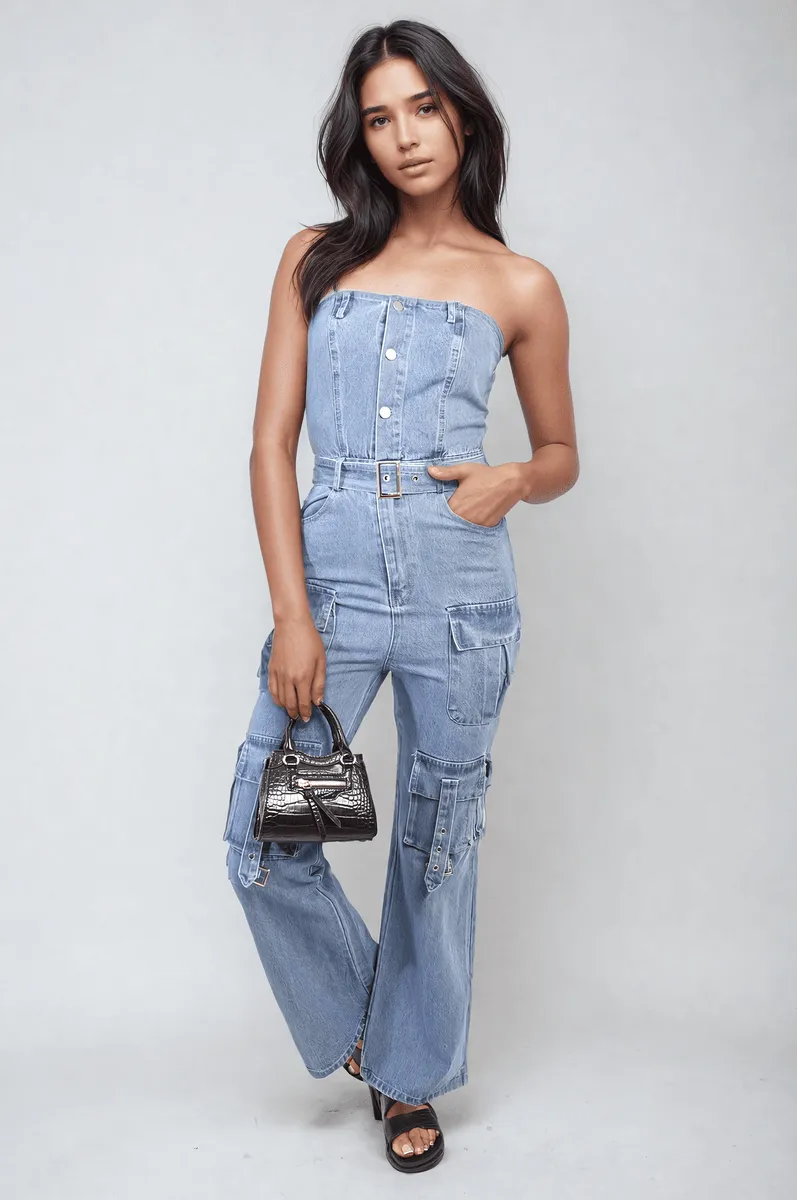 Womens Multi Pockets Strapless Cargo Jumpsuit